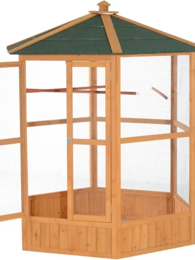Large Wooden Hexagonal Outdoor Aviary Flight Bird Cage with Covered Roof
