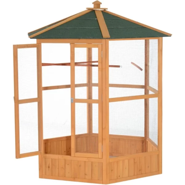 Large Wooden Hexagonal Outdoor Aviary Flight Bird Cage with Covered Roof