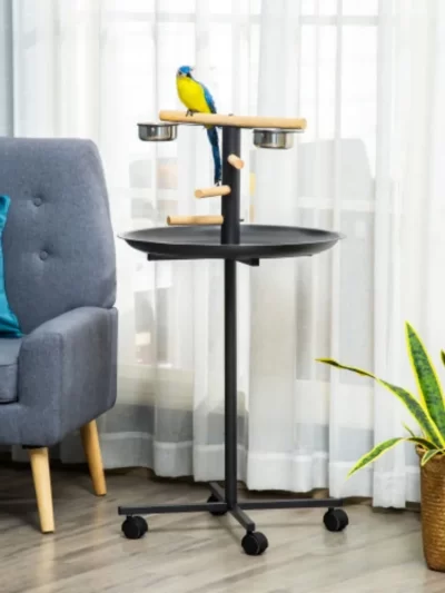 PawHut Bird Play Stand, Portable Parrot Perch, Bird Feeder Station, With Four Wheels, Stainless Steel Feeding Bowls