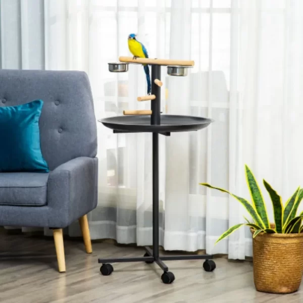 PawHut Bird Play Stand, Portable Parrot Perch, Bird Feeder Station, With Four Wheels, Stainless Steel Feeding Bowls