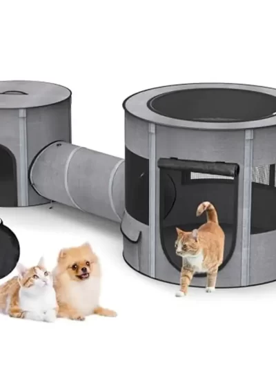 Portable Cat Playpen Tunnel 3-in-1 Foldable Puppy Pen Waterproof Bottom 2-Room Separable Pet Tent Enclosed Mesh Separable Doors