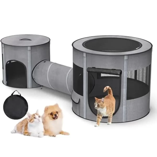 Portable Cat Playpen Tunnel 3-in-1 Foldable Puppy Pen Waterproof Bottom 2-Room Separable Pet Tent Enclosed Mesh Separable Doors
