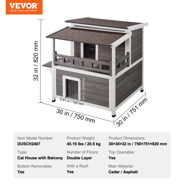 VEVOR Outdoor Cat House Weatherproof Feral Cat Shelter 2-story Large Outdoor Wooden Cat House with Balcony Door and Open Roof - Image 7