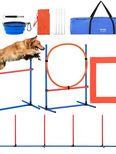 VEVOR Dog Agility Training Equipment 4 PCS Set with Adjustable High Hurdles 6 Weave PolesJump Ring Square Pause Box Whistle