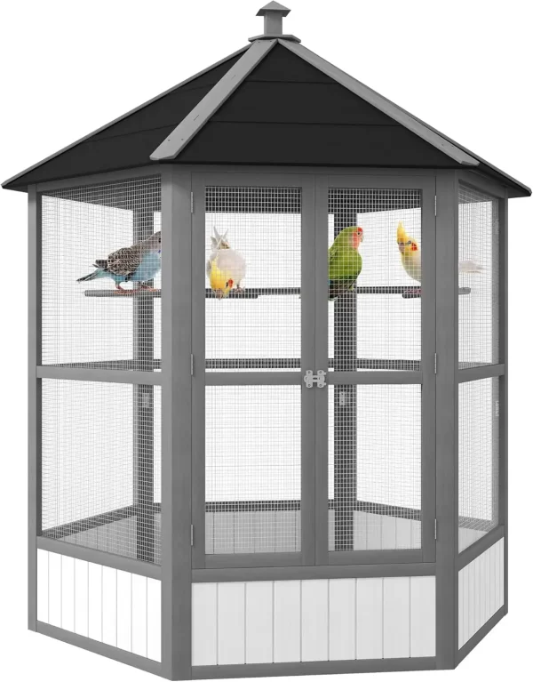Large Wooden Hexagonal Outdoor Aviary Flight Bird Cage with Covered Roof - Image 7