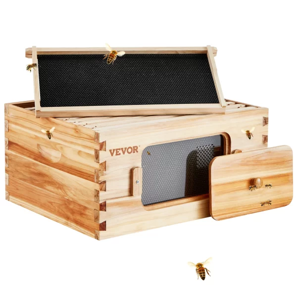 VEVOR Bee Hive Deep Box Starter Kit 100% Beeswax Coated Natural Cedar Wood Langstroth Beehive Kit Transparent Acrylic - Image 3