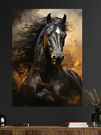 1 Black horse running canvas print, frameless mural poster, modern riding theme decoration, suitable for bedroom and living room