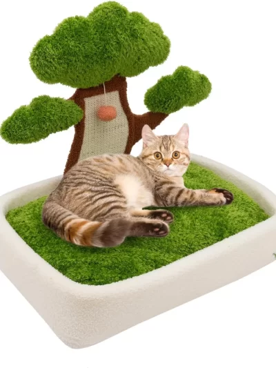 Luxury Cat House with Pine Tree Scratching Post, 24.8" Plush Velvet Bed & Sisal Scratcher for Indoor Cats, Includes Dangling Toy
