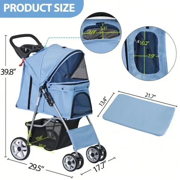Blue 4 Wheel Pet Stroller for Cat Dog Foldable Carrier Jogger Travel with Basket - Image 3