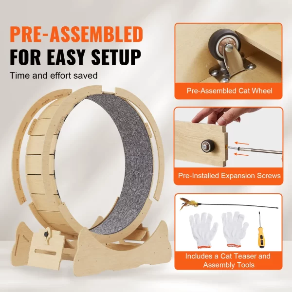 VEVOR Cat Exercise Wheel Natural Wood Silent Running Toy Treadmill Roller Wheel with Detachable Carpet for Most Cats Pet Fitness - Image 5