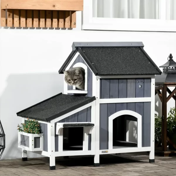 Outdoor Cat House with Weather-Resistant Roof & Garden Bed, Outdoor Cat Shelter Enclosure with Multiple Entrances, Modern