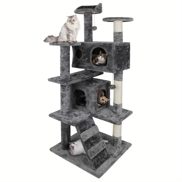 Grey/Beige/Blue/Brown 53 inch Cat Tree Tower Activity Center Playhouse Apartment