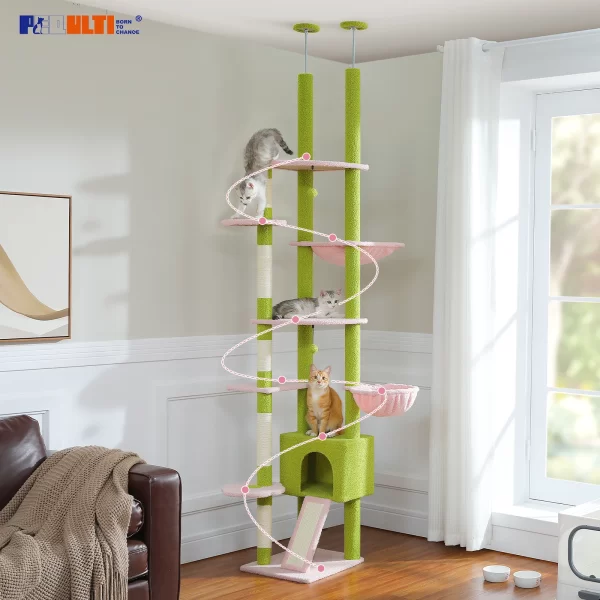 Adjustable Cat Tree, Floor to Ceiling Cat Condo, Hanging Ball, 5 Scratching Posts, Hammock, Ample Resting Place for Cats - Image 2