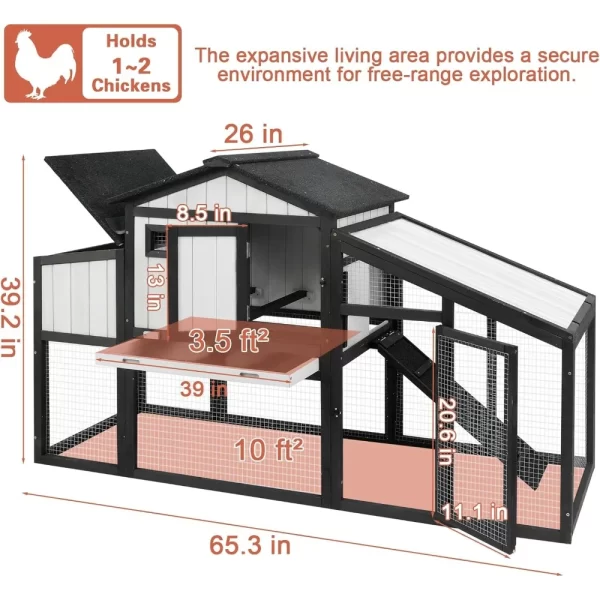65.3" L Chicken Coop and Run, Wooden Hen House for 1-2 Chickens with Nesting Box, Tray, Perches Indoor/Outdoor Pet Hutch Backyard