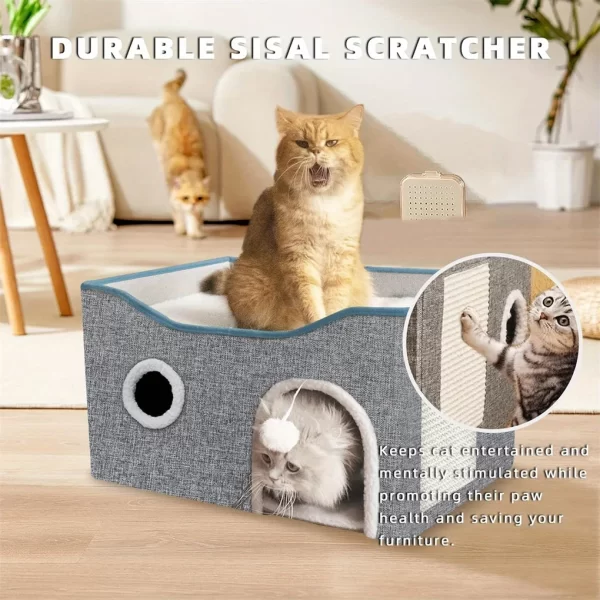 Extra-Wide Cat House for Indoor Cats - Large Cat Cave for Pet Cat House with Fluffy Ball Hanging and Scratch Pad, Foldable - Image 2