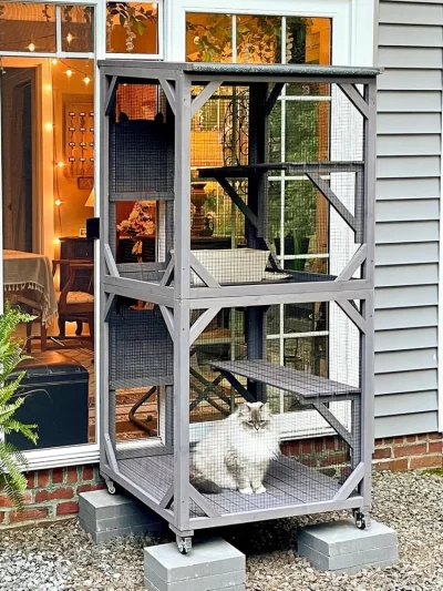 Cat Catio Outdoor House Movable Cat Enclosures on Exercise Wheels Cats Cage with Upgraded Resting Box, Waterproof Cover