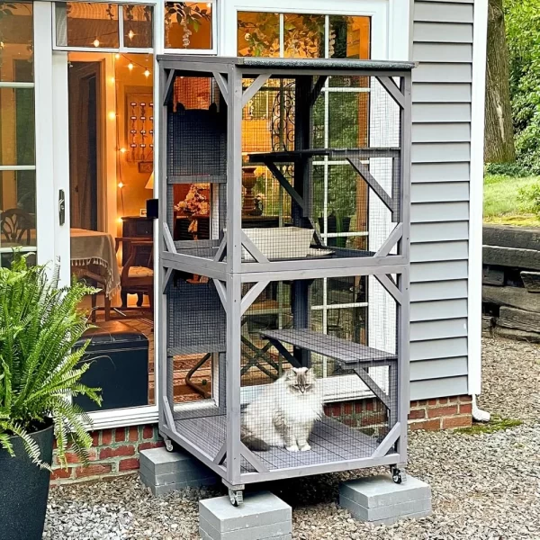Cat Catio Outdoor House Movable Cat Enclosures on Exercise Wheels Cats Cage with Upgraded Resting Box, Waterproof Cover