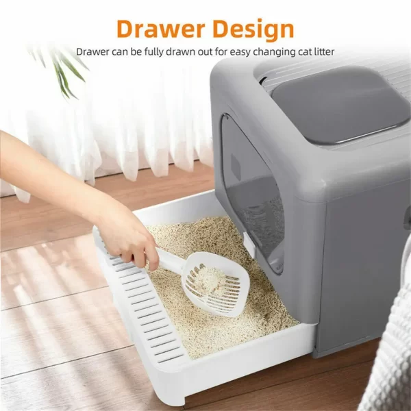 Cat Litter Box with Scoop and Tray Sifting Enclosed Foldable Kitten Toilet Detachable Poop Top Front Entry Pet Supplies - Image 4