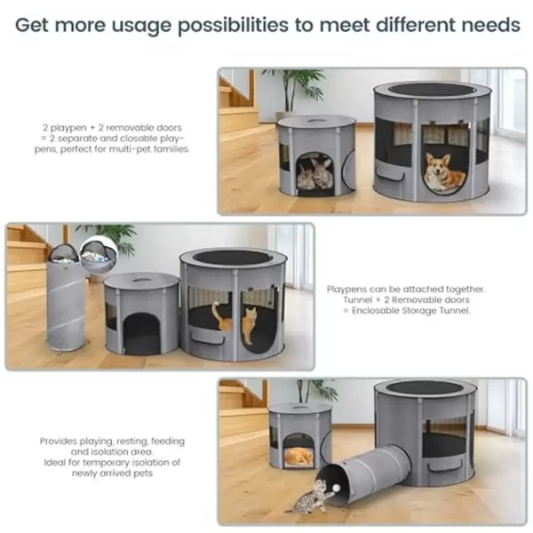 Portable Cat Playpen Tunnel 3-in-1 Foldable Puppy Pen Waterproof Bottom 2-Room Separable Pet Tent Enclosed Mesh Separable Doors - Image 3