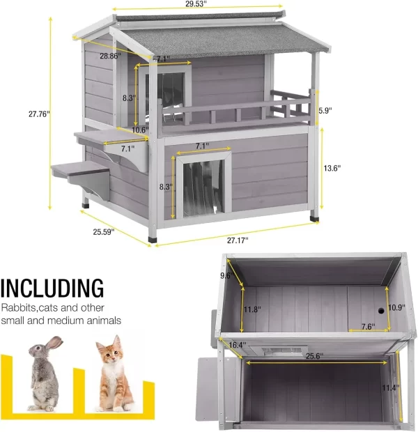 Outdoor Cat House Wooden Kitty Shelter with Large Balcony, Escape Door, Waterproof - Image 6