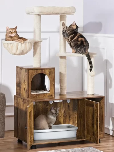 Cat Tree, All-in-one Indoor Kitten House w/Scratching Posts, Wooden Cat Litter Box Furniture