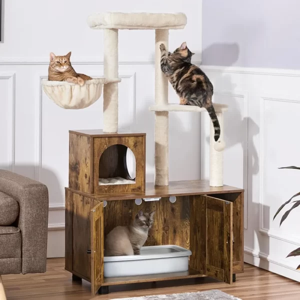 Cat Tree, All-in-one Indoor Kitten House w/Scratching Posts, Wooden Cat Litter Box Furniture
