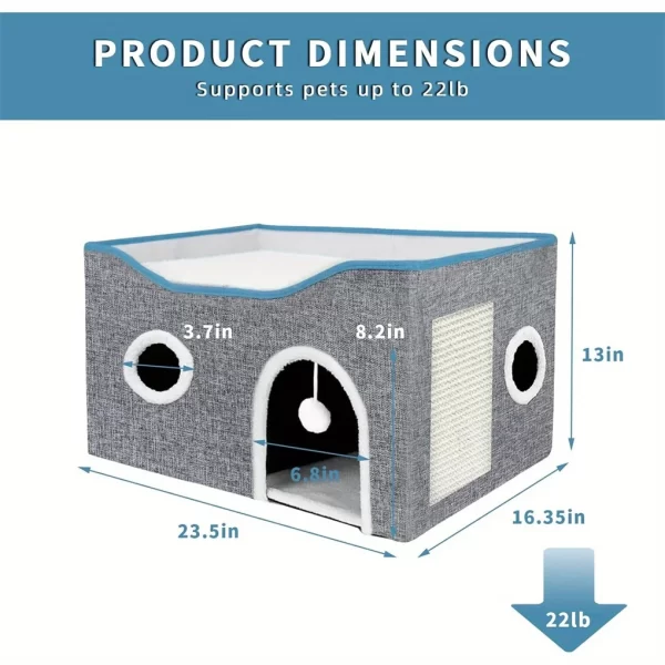 Extra-Wide Cat House for Indoor Cats - Large Cat Cave for Pet Cat House with Fluffy Ball Hanging and Scratch Pad, Foldable - Image 4