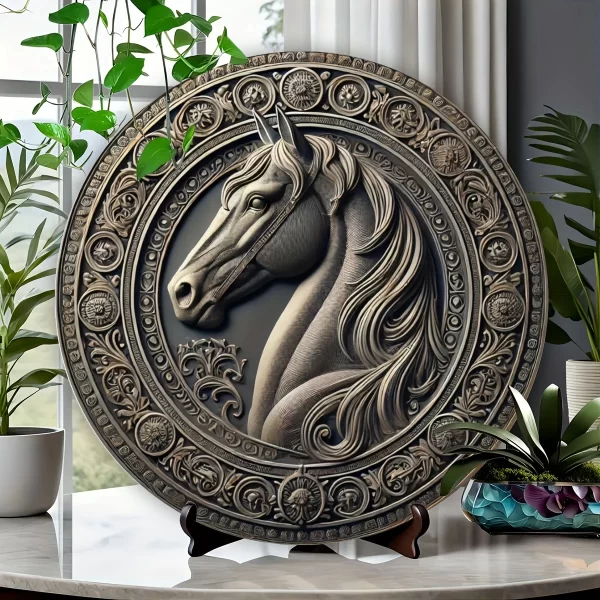 Rustic Iron Horse Wall Art - 8x8" Round Aluminum Metal Sign for Living Room u0026 Patio Decor, Unique Home Gift - Image 4