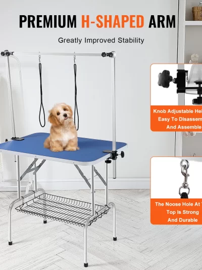 SucceBuy Pet Grooming Table Two Arms with Clamp Dog Grooming Station Foldable Stand for Medium Small Dogs with Grooming Loop