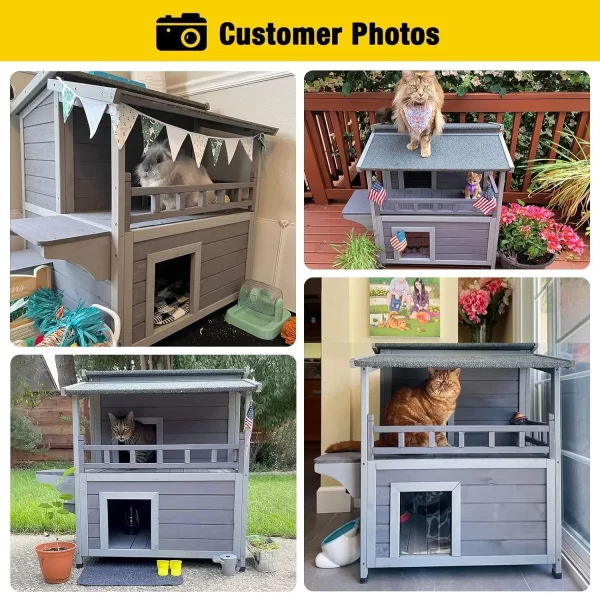 Outdoor Cat House Wooden Kitty Shelter with Large Balcony, Escape Door, Waterproof - Image 2