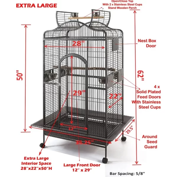 Extra Large Wrought Iron Open/Close Play Top Bird Parrot Cage, Include Metal Seed Guard Solid Metal Feeder Nest Doors - Image 2