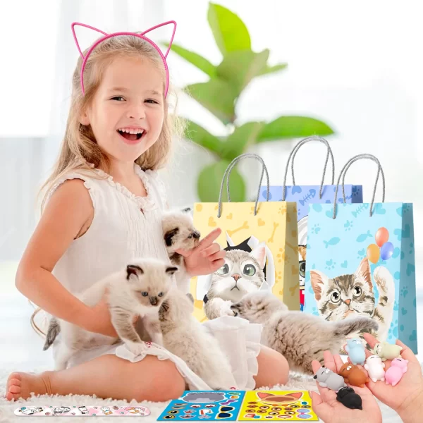 Cat Party Favors, 72pcs Kitty Party Favors Set Including Cat Goodie Bags Ears Headband Stickers Keychains Slap Bracelets etc - Image 2