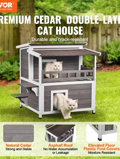 VEVOR Outdoor Cat House Weatherproof Feral Cat Shelter 2-story Large Outdoor Wooden Cat House with Balcony Door and Open Roof