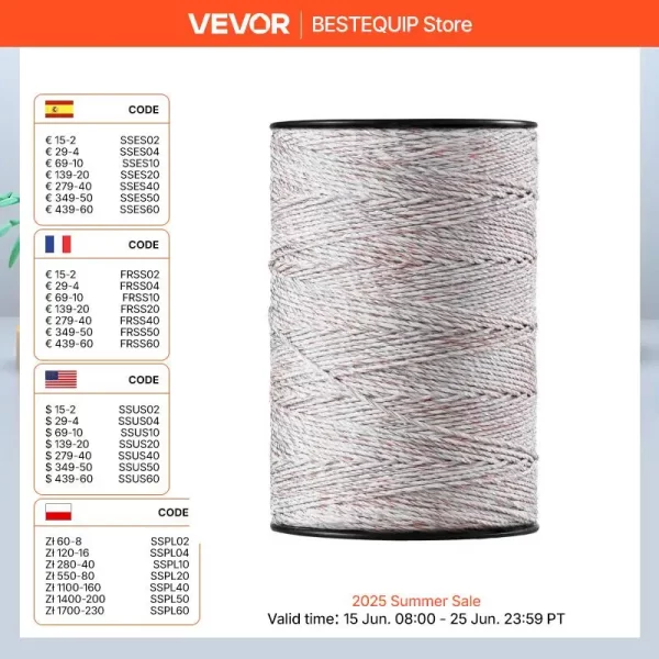 VEVOR Electric Fence Wire 2625Ft Portable Polywire Metal Strands for Reliable Conductivity Fencing Rope Line for Horse Livestock