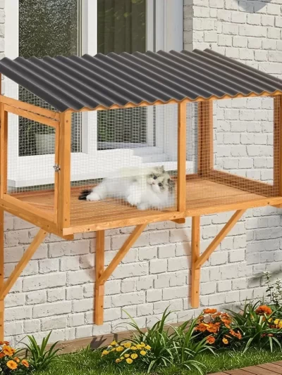Cat Catio, Wall-Mounted Window Enclosure for Indoor Cats, Expandable Wooden Small Pet Perch House