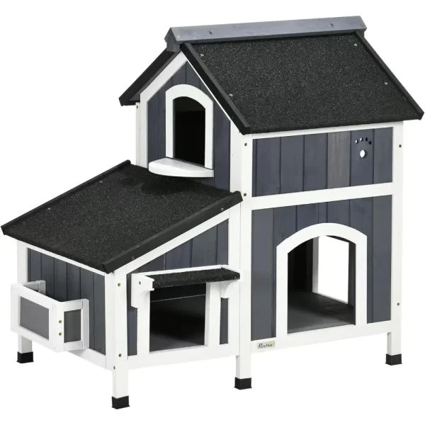 Outdoor Cat House with Weather-Resistant Roof & Garden Bed, Outdoor Cat Shelter Enclosure with Multiple Entrances, Modern - Image 2