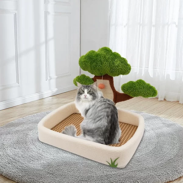 Luxury Cat House with Pine Tree Scratching Post, 24.8" Plush Velvet Bed & Sisal Scratcher for Indoor Cats, Includes Dangling Toy - Image 3