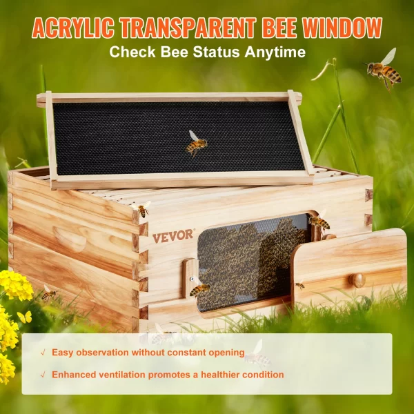 VEVOR Bee Hive Deep Box Starter Kit 100% Beeswax Coated Natural Cedar Wood Langstroth Beehive Kit Transparent Acrylic - Image 5