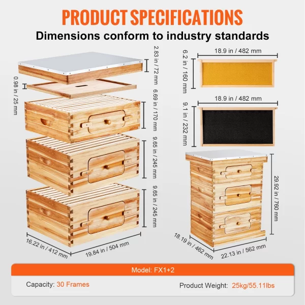 VEVOR Bee Hive Deep Box Starter Kit 100% Beeswax Coated Natural Cedar Wood Langstroth Beehive Kit Transparent Acrylic - Image 7