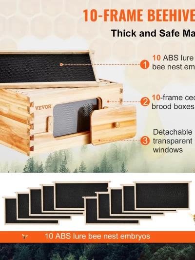 VEVOR Bee Hive Deep Box Starter Kit 100% Beeswax Coated Natural Cedar Wood Langstroth Beehive Kit Transparent Acrylic