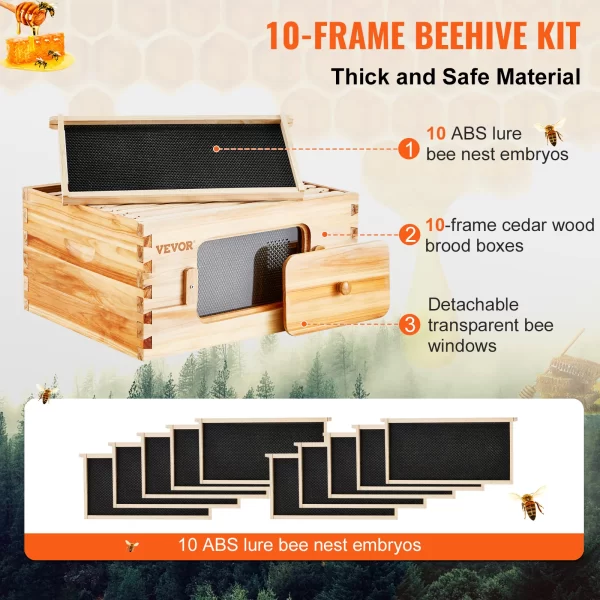 VEVOR Bee Hive Deep Box Starter Kit 100% Beeswax Coated Natural Cedar Wood Langstroth Beehive Kit Transparent Acrylic