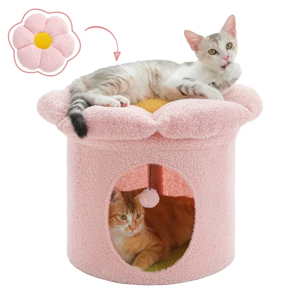 Cat Beds for Indoor Cats, Large Cat House with Removable Flower Cat Bed, Cute Cat Cave Cat Hideaway, Indoor Cat House Condo - Image 7