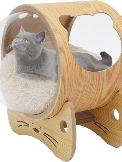 Luxury Cat Pod Bed, Wooden Frame with Clear Acrylic Dome & 3.9" Thick Cushion, Supports 18.7lb Pets (Ventilation Holes)