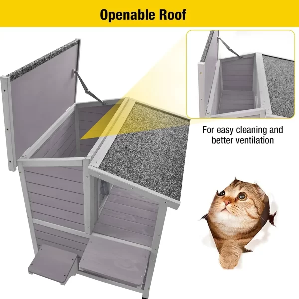 Outdoor Cat House Wooden Kitty Shelter with Large Balcony, Escape Door, Waterproof - Image 4