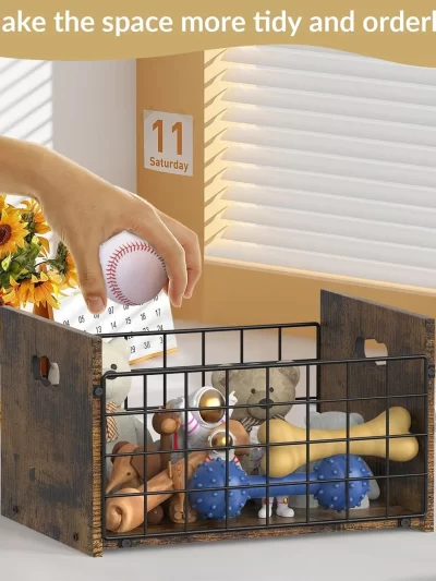 Metal Dog Toy Basket Organizer | Wooden Pet Storage Box for Puppy/Small Dogs | Multi-Purpose Chest for Leash, Blanket, Dog Food