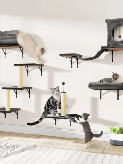 7-in-1 Wall Mounted Cat Climber Set, Cat Furniture Set with House, Bridge, Tree, Steps, Scratcher, DIY Playground, Shelves