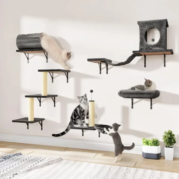 7-in-1 Wall Mounted Cat Climber Set, Cat Furniture Set with House, Bridge, Tree, Steps, Scratcher, DIY Playground, Shelves