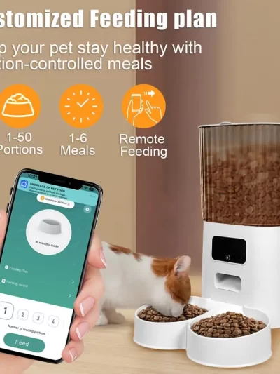 Smart Pet Feeder with Dual Bowls - 5L Transparent Storage, WiFi APP Control, Automatic Timed Dispensing for Cats & Dogs, Battery