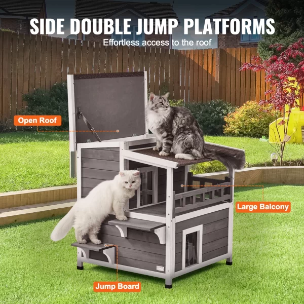 VEVOR Outdoor Cat House Weatherproof Feral Cat Shelter 2-story Large Outdoor Wooden Cat House with Balcony Door and Open Roof - Image 5