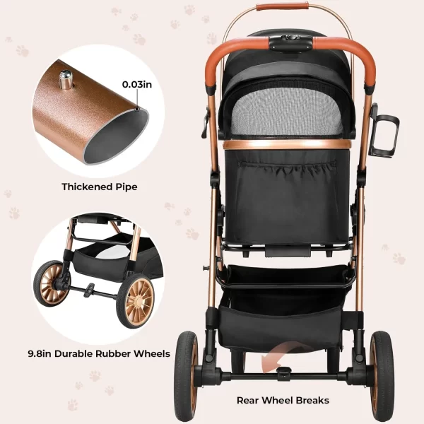 360° Rubber Wheels and Shock Absorption Dog Buggy Stroller Box Can Be Attached in Car, Transport Foldable Pet Stroller Max.40 kg - Image 6